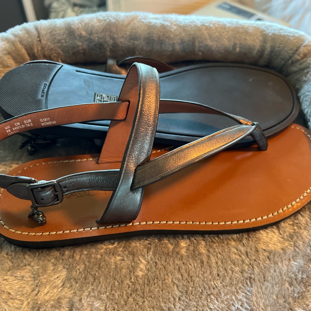 BRAND NEW! Coach sandals! Dark shiny grey, size 8.